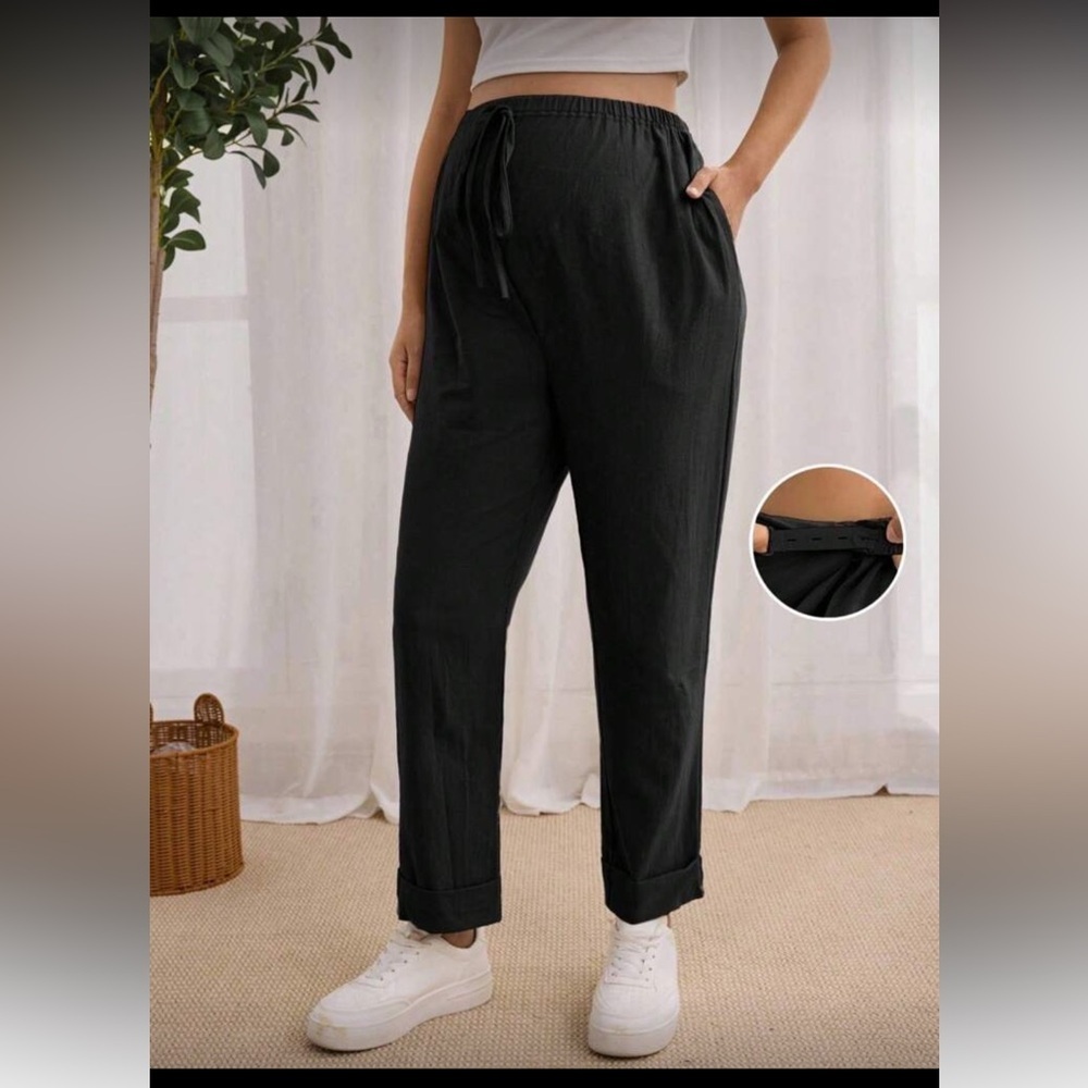 Black Maternity Elastic-Waist Cropped Drawstring Pants Size Small 100% Cotton